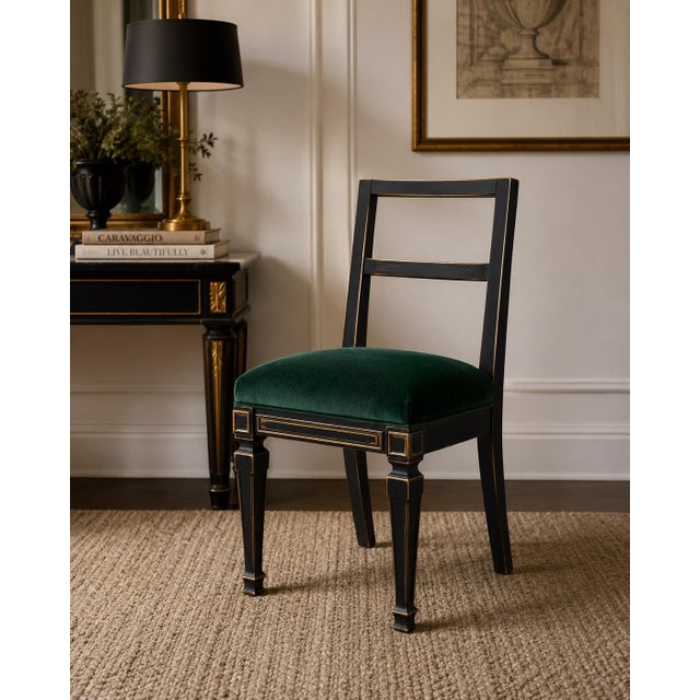 Neoclassical Mid 20th Century Custom Onyx Black & Emerald Velvet Neoclassical Accent Chair For Sale - Image 3 of 3