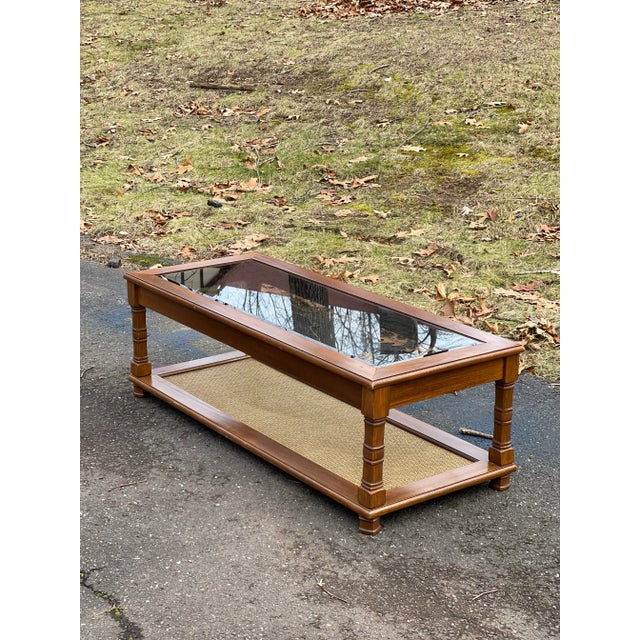 1950s Vintage Wood Two Tier Glass Top Coffee Table with Woven Jute