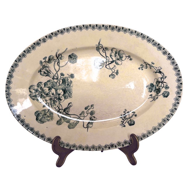 Late 19th Century Antique French Terre De Fer Oval Plate with Blue Nasturtiums, 1880 For Sale - Image 5 of 5