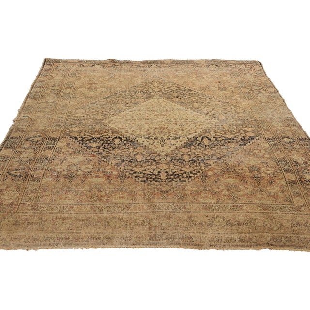 English Distressed Antique Persian Mahi Tabriz Rug - 04'04 X 06'06 For Sale - Image 3 of 9
