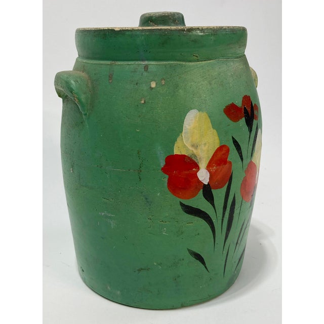 Farmhouse Antique Hand-Painted Green Floral Motif Lidded Crock For Sale - Image 3 of 8