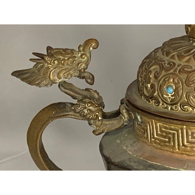 Chinese Antique Chinese Tibetan Dragon Teapot: Mixed Metals, Turquoise Jewels For Sale - Image 3 of 10