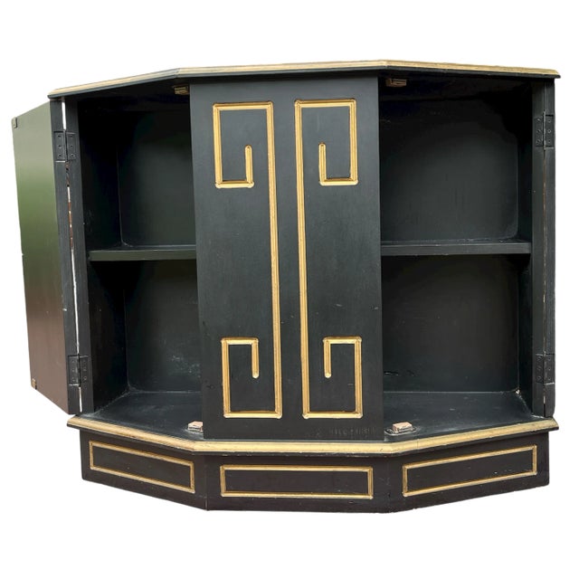 Art Deco Hollywood Regency Black & Gold Trapezoid Credenza or Bath Vanity Cabinet in the Style of Dorothy Draper For Sale - Image 3 of 11
