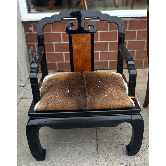 Vintage Chinese Ming Style Black Lacquer & Cowhide Arm Chair For Sale - Image 4 of 5