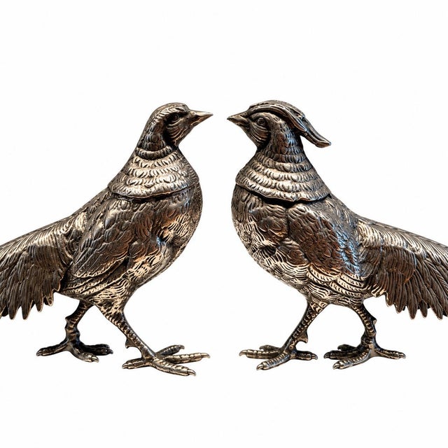 Stunning pair of solid brass pheasant figurines with an elegant silver-plated finish. Beautifully crafted with intricate...