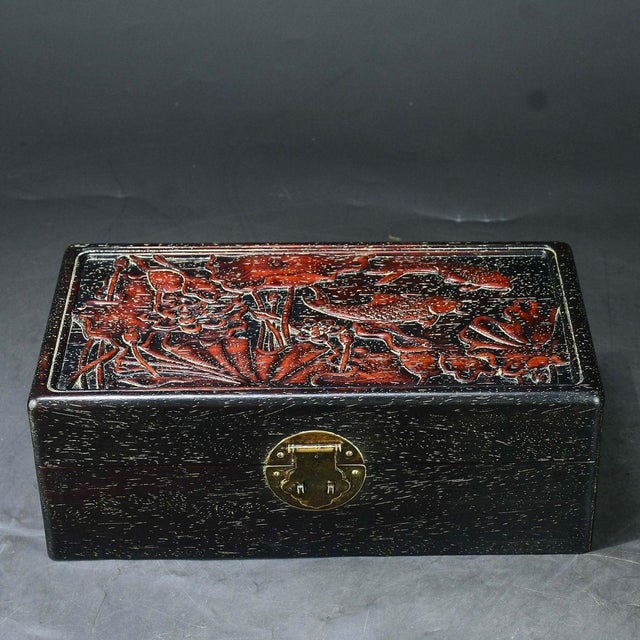 Black Vintage Chinese Rosewood Box With Deep Relief Carving & Fish Motif For Sale - Image 8 of 10