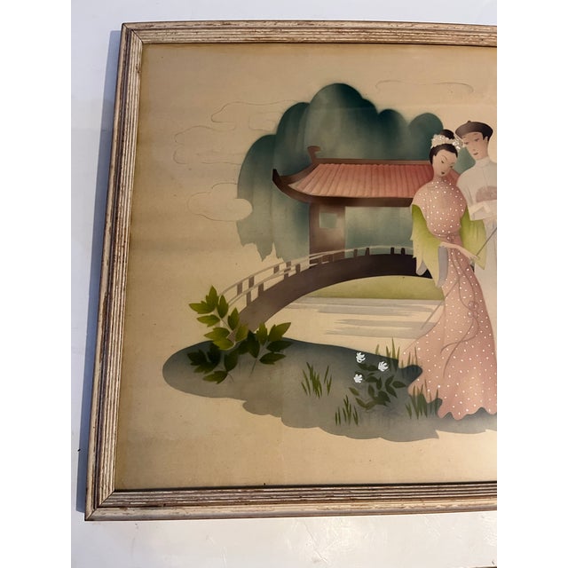 1950s 1950s Vintage Chinese Lithograph of Two Lovers in the Garden For Sale - Image 5 of 8