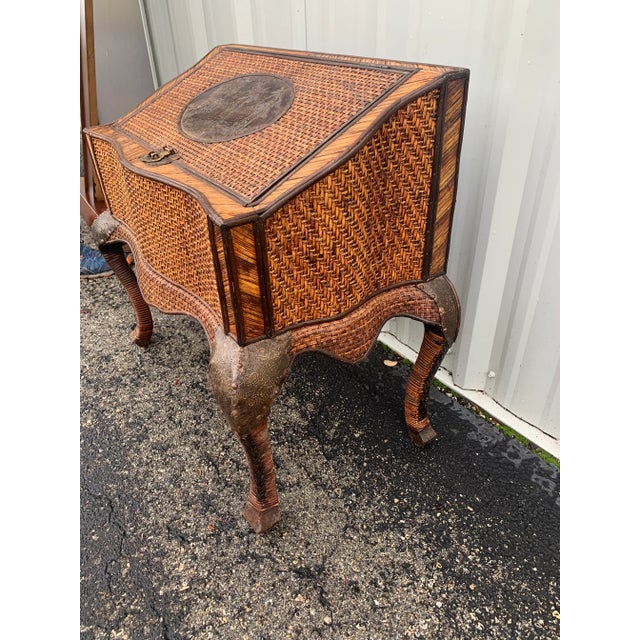 Wrapped Wicker With Cabriolet Legs Treasure Chest With Carved Metal Palm Plaque. For Sale - Image 9 of 10