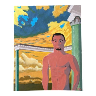 Man Beneath a Golden Sky - C Dye - Male Nude - Naive - Acrylic on Canvas For Sale