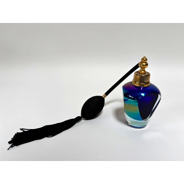 Iridescent Cobalt & Amethyst Art Glass Perfume Atomizer, Faceted Crystal, circa 1980s–1990s, A striking late 20th-century...