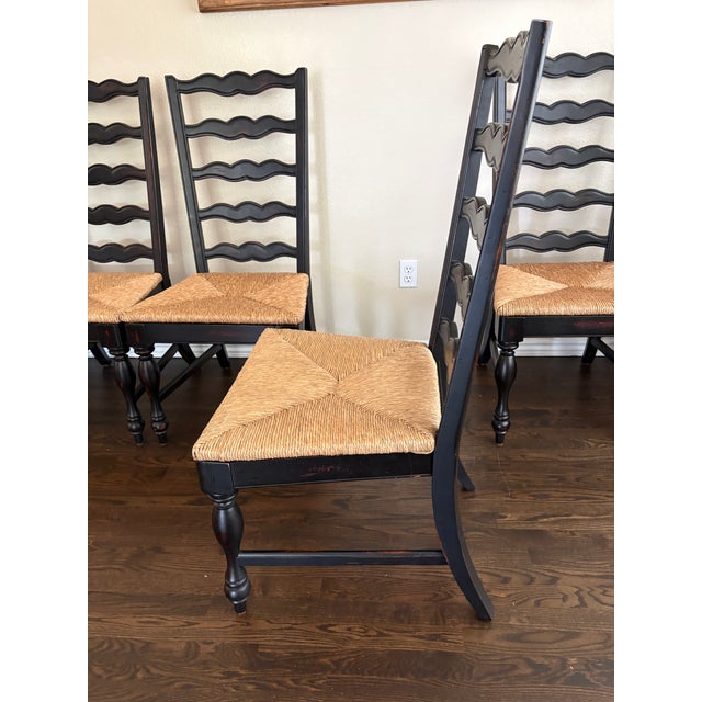 Wood French Country Black Ladder-Back Dining Chairs With Woven Seats (Set of 8) For Sale - Image 7 of 9