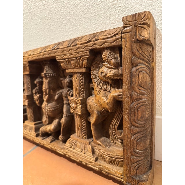 Vintage South Indian Hand-Carved Wood Ganesha Architectural Panel – 36" Wall Art For Sale - Image 4 of 5