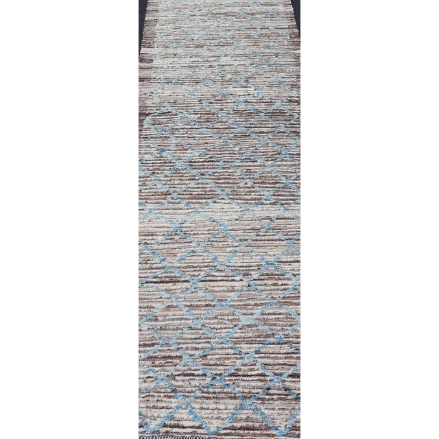 Cream Modern Runner in All-Over Design in Cream, Sky Blue Color on a Brown Background For Sale - Image 8 of 13