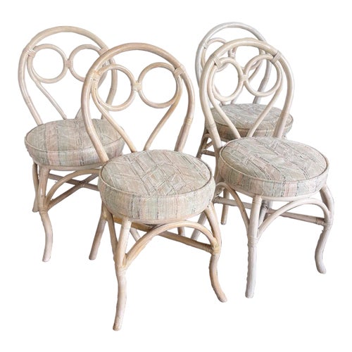 Boho Chic White Washed Bamboo Rattan Dining Chairs Set of