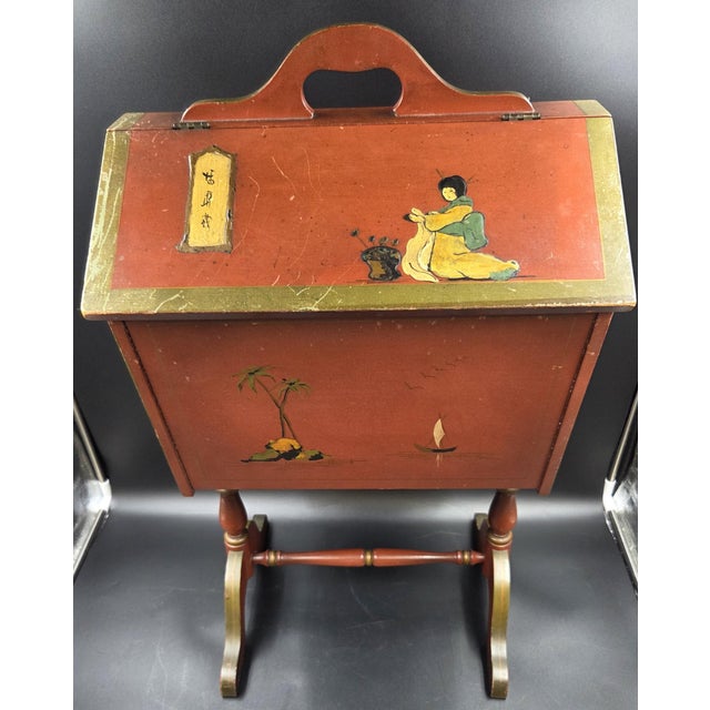 Vintage 20th Century English Style Red Japanned Hinged Two-Sided Flip-Open Sewing Cabinet For Sale - Image 4 of 18