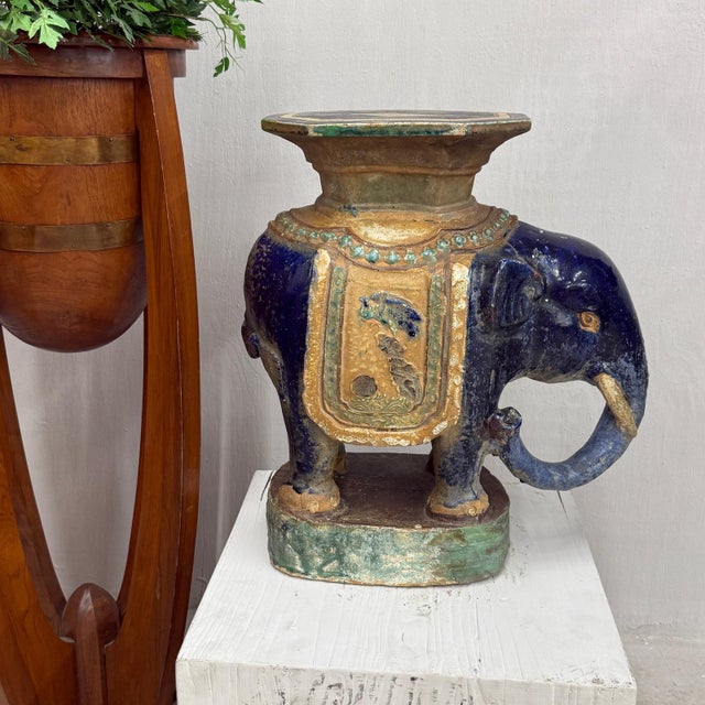 Blue Ceramic Elephant Pedestal Stand For Sale In New York - Image 6 of 9