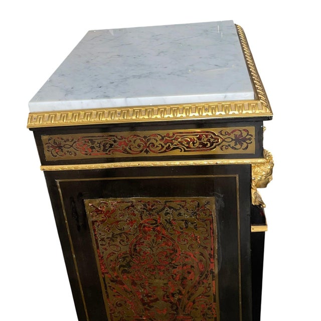Wood 19th Century French Boulle Cabinet With Dore Bronze and White Marble Top For Sale - Image 7 of 9