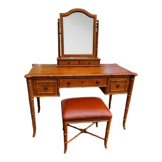 Ethan Allen British Colonial Faux Bamboo and Knotty Pine Desk with Mirror and Bench - 3 Pieces For Sale