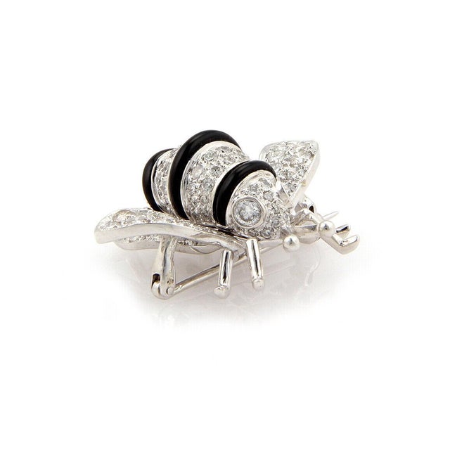 Diamond Onyx Bumble Bee 18k White Gold Pin Brooch For Sale - Image 4 of 6