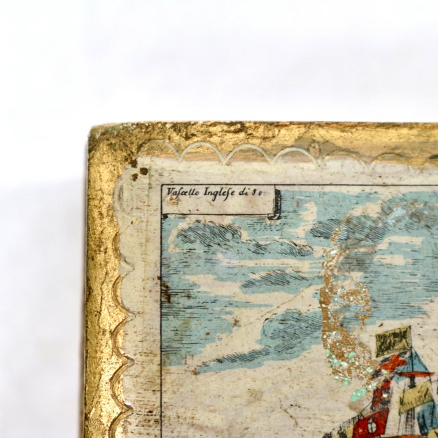 Early 20th Century Florentia King's Ship Dressed With Flags of Different Nations Decoupage Gilded Wooden Box For Sale - Image 10 of 15