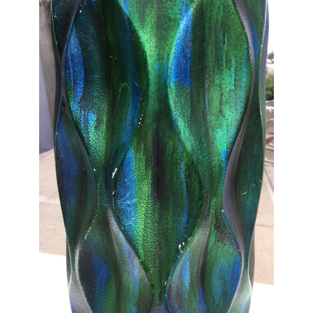 Blue Pair of Tall Mid-Century Iridescent Ceramic Table Lamps – Blue & Green Glaze With Custom Shades For Sale - Image 8 of 12