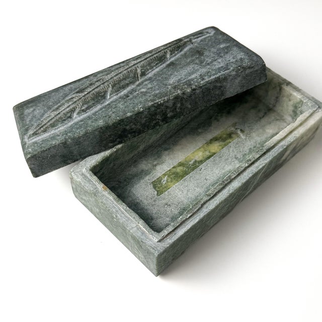 Vintage Hand-Carved Green Soapstone Feather Lidded Box For Sale - Image 9 of 10