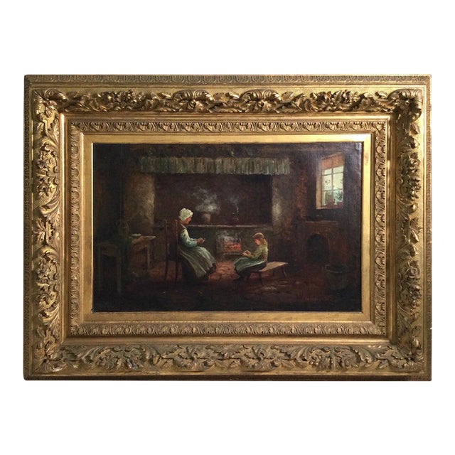 Large Oil on Canvas Interior Scene in Original Gilt Frame Signed Marteli For Sale
