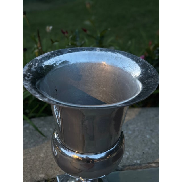 Art Deco Pair of Large Pedestal Urn Lamps Polished Aluminum Made in India For Sale - Image 3 of 8