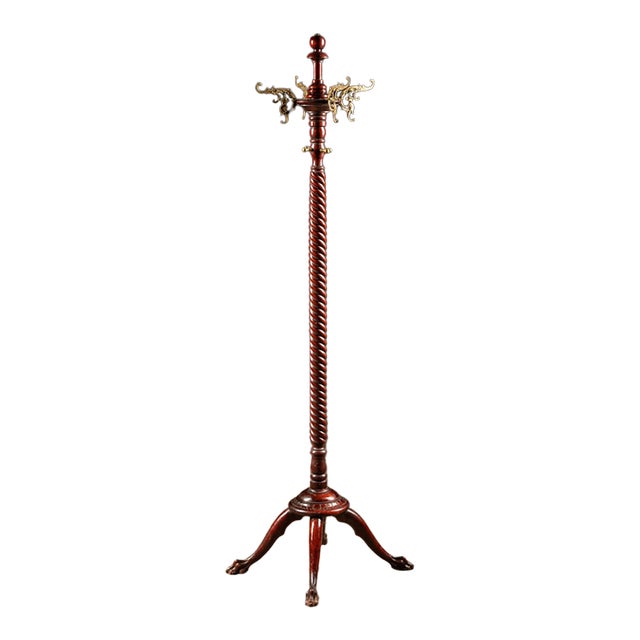Antique Mahogany and Brass Ornamental Coat Rack For Sale