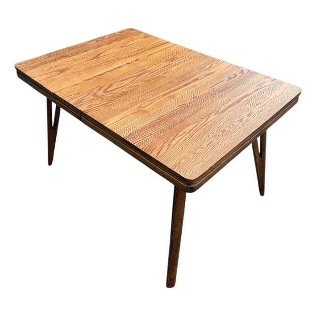 Vintage Mid-Century Modern Solid Oak Extendable Dining Table With 2 Leaves For Sale