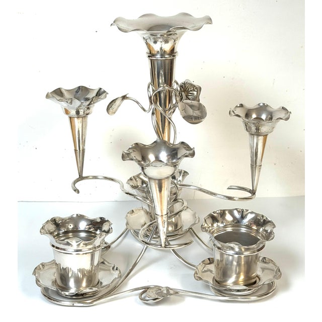 English Edwardian Silver-Plated Epergne by Copper & Fry, C & F EPNS, 11 Pieces, circa 1901–1915 An elegant and whimsically...