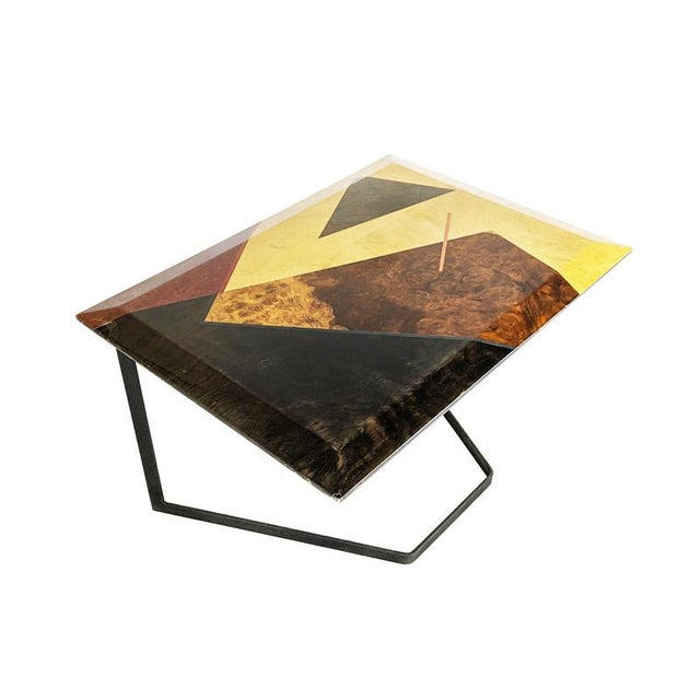 Postmodern Wooden Table with Geometric Inlays and Metal Base by Offredi for Saporiti, 1980s For Sale - Image 3 of 14