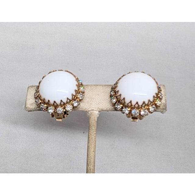 1960s Vintage 1960s Signed Kramer Round White Cabochon Rhinestone Clip Earrings-2 Pieces For Sale - Image 5 of 7
