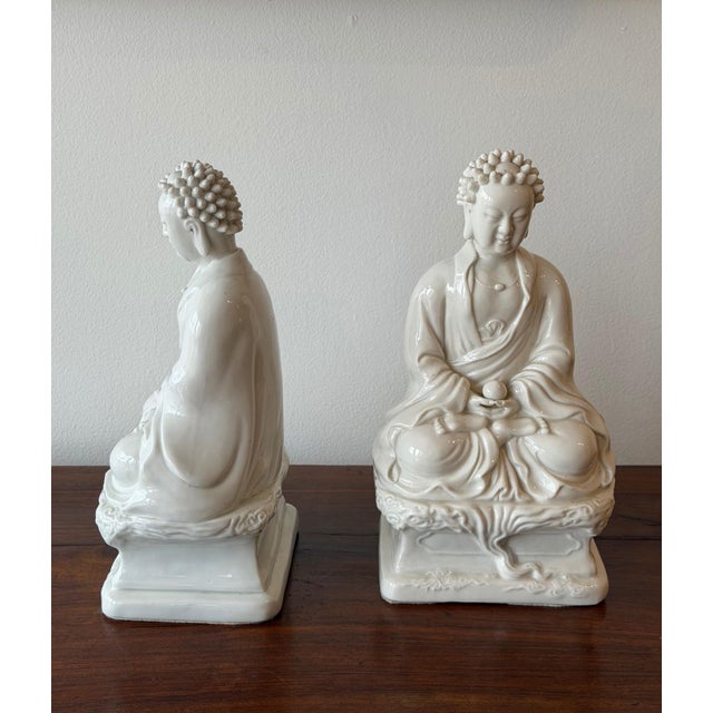 Mid-Century Modern Pair of Vintage White Glazed Porcelain Buddha Figures For Sale - Image 3 of 5