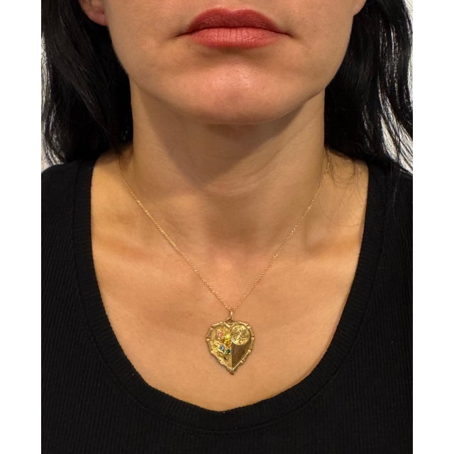 Gemstone Vintage 14 Kt Y Gold Heart Happy Birthday Pendant + Emerald + Sapphire + Chain For Sale - Image 7 of 18