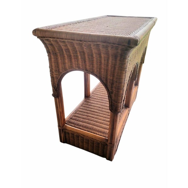 Wood Vintage Arched Wicker Coastal Regency Console Table For Sale - Image 7 of 7
