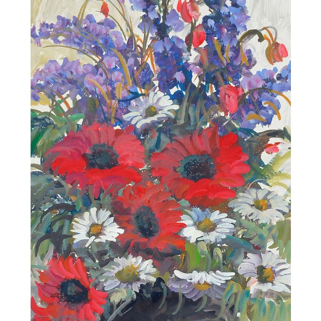Impressionist Delphinium, Daisies and Gerber Daisies - Red Floral Bouquet Still-Life For Sale - Image 3 of 5
