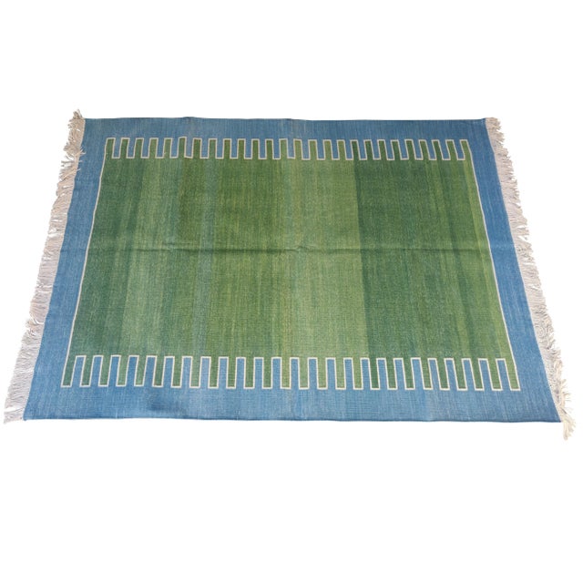 Handmade Cotton Rug, Green with Blue Geometric Border and Cream Fringe 8'x10' For Sale - Image 6 of 7