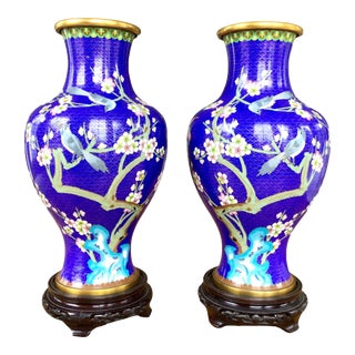 Vintage Pair of Large Chinese Cloisonne Vases Sitting on Carved Wood Bases For Sale