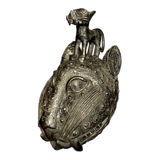 Mid 20th Century Benin Bronze Leopard Head With Feline Figure For Sale
