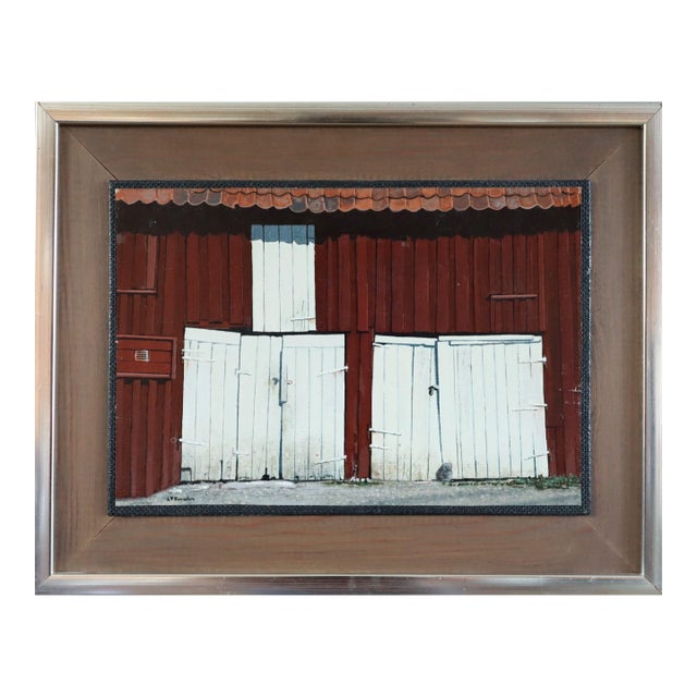 Mid-Century Modern 'The White Doors' Vintage Original Street Scene Oil Painting, Framed For Sale
