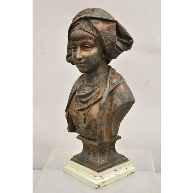 Antique E. Rousseau Cast Spelter Metal French Maiden Woman Bust Sculpture. Item features cast metal construction, wooden...