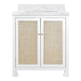 Matthew Izzo Home Boyd Matte White Lacquer Single Porcelain Sink Bath Vanity, Carrara Marble Top & Backsplash With 2 Caned Doors and Brass Knobs For Sale