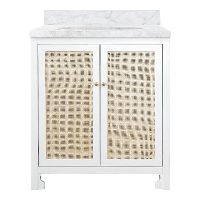 Matthew Izzo Home Boyd Matte White Lacquer Single Porcelain Sink Bath Vanity, Carrara Marble Top & Backsplash With 2 Caned Doors and Brass Knobs For Sale