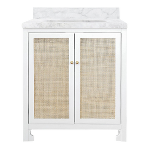 Matthew Izzo Home Boyd Matte White Lacquer Single Porcelain Sink Bath Vanity, Carrara Marble Top & Backsplash With 2 Caned Doors and Brass Knobs