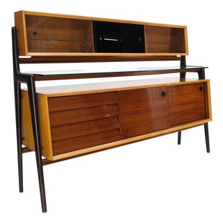 Mid-Century Modern Bi Level Long Credenza Server Dresser Cabinet Ebonized Legs For Sale