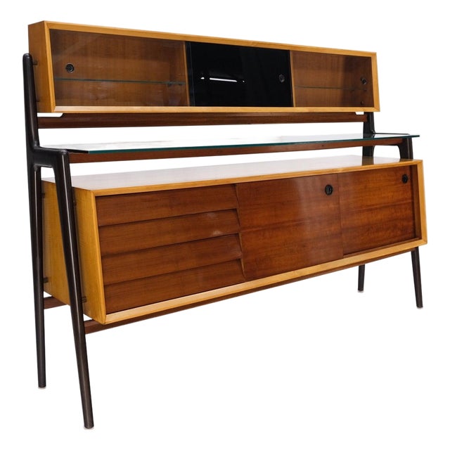 Mid-Century Modern Bi Level Long Credenza Server Dresser Cabinet Ebonized Legs For Sale