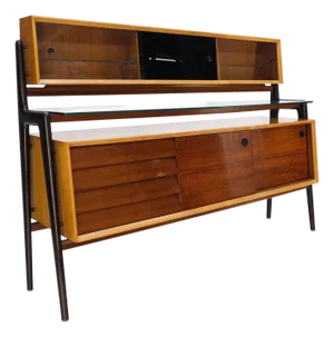 Mid-Century Modern Bi Level Long Credenza Server Dresser Cabinet Ebonized Legs