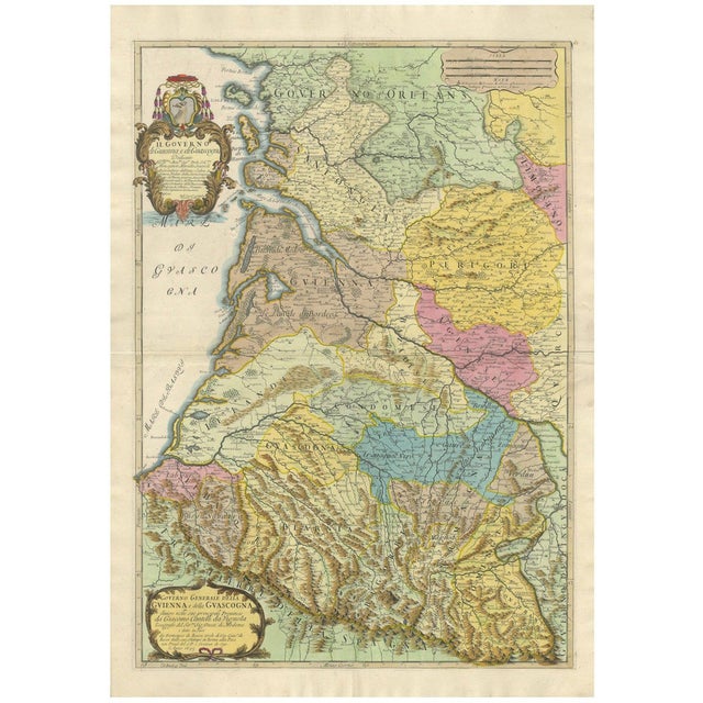 Large Hand-Colored Engraved Map of Gascony, 1695 For Sale