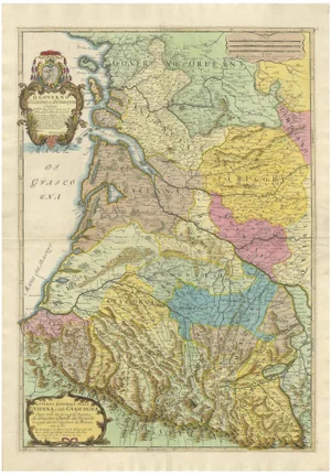 Large Hand-Colored Engraved Map of Gascony, 1695